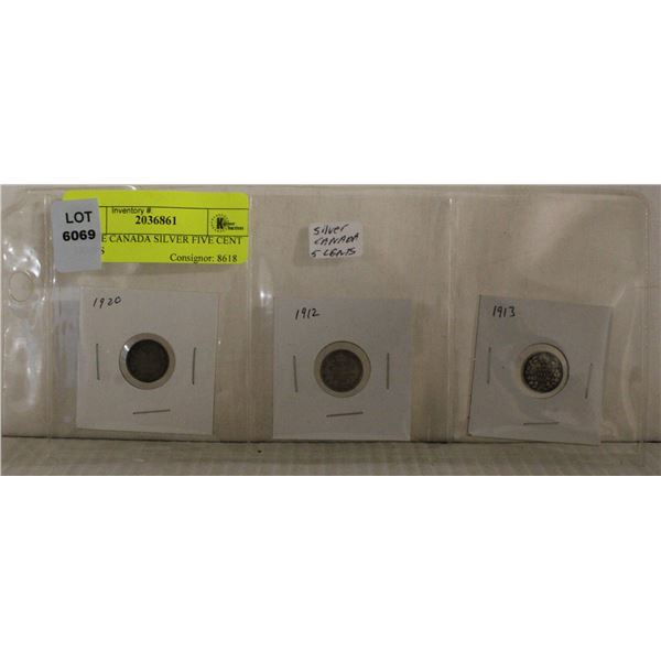 THREE CANADA SILVER FIVE CENT COINS