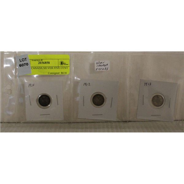 THREE CANADA SILVER FIVE CENT COINS