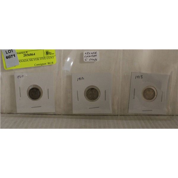 THREE CANADA SILVER FIVE CENT COINS