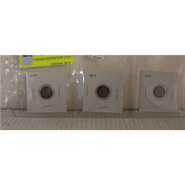 THREE CANADA SILVER FIVE CENT COINS