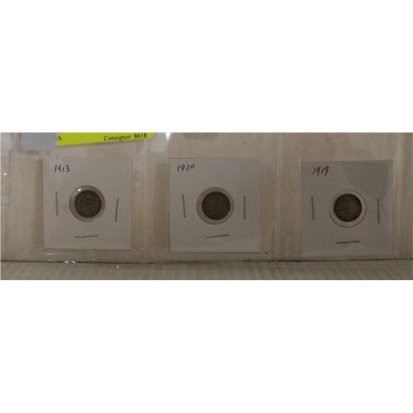 THREE CANADA SILVER FIVE CENT COINS