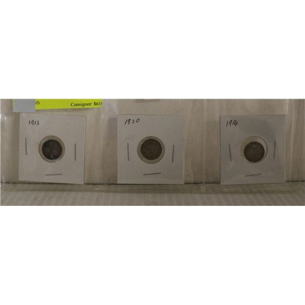 THREE CANADA SILVER FIVE CENT COINS