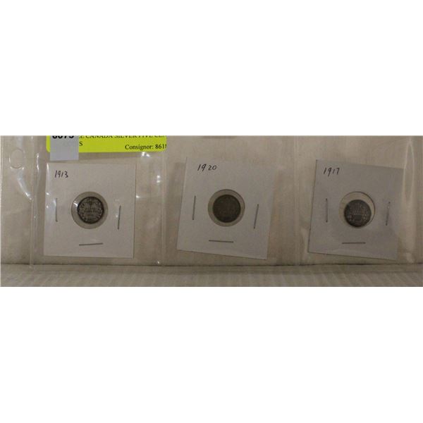 THREE CANADA SILVER FIVE CENT COINS