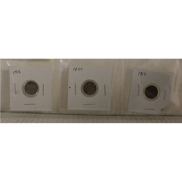 THREE CANADA SILVER FIVE CENT COINS