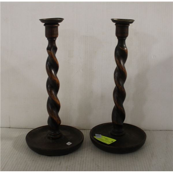 PAIR OF BARLEY TWIST WOODEN CANDLE HOLDERS