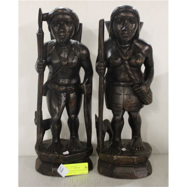 PAIR OF WOOD CARVED STATUES, 15 INCHES TALL
