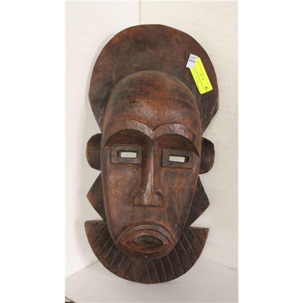 HAND CARVED WOODEN MASK, 21 INCHES X 10.5 INCHES