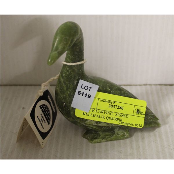DUCK CARVING , SIGNED KELLIPALIK QIMIRPIK
