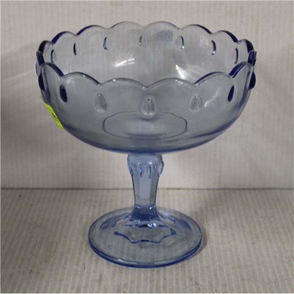 BLUE GLASS PEDESTAL BOWL 7.5 INCHES