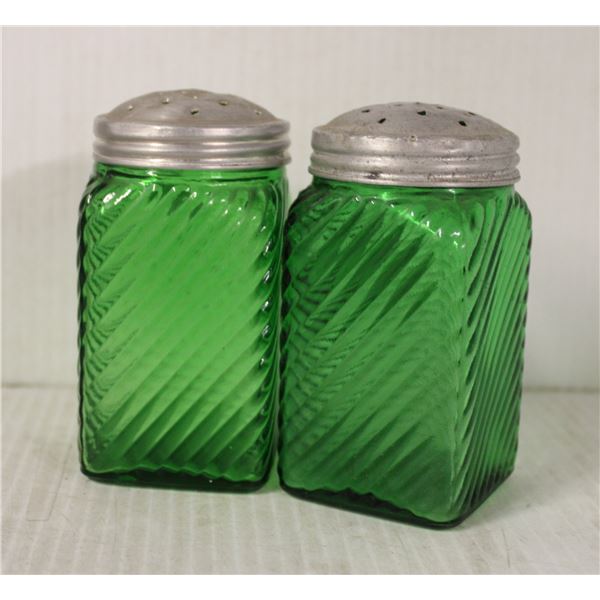 PAIR OF GREEN GLASS HOOSIER SHAKERS