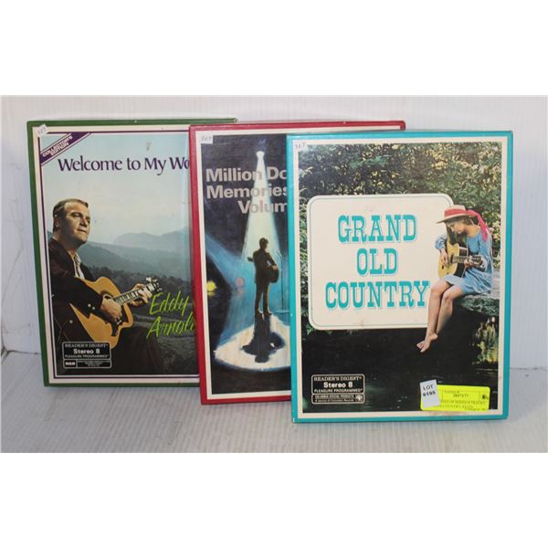 3 X BOXES OF MIXED 8 TRACKS TAPES, COUNTRY, ELVIS