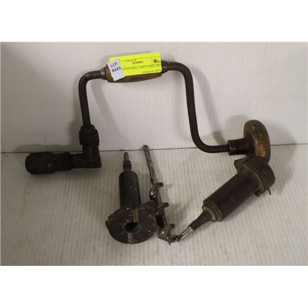 OLD HAND DRILL AND 3 DRILL BITS