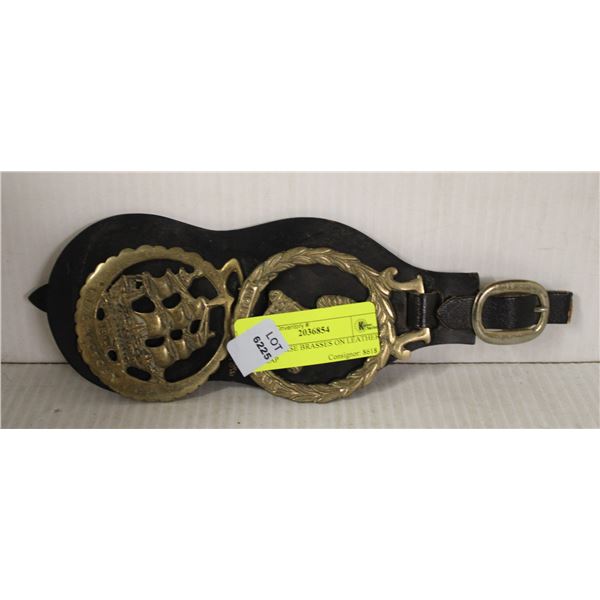 TWO HORSE BRASSES ON LEATHER STRAP