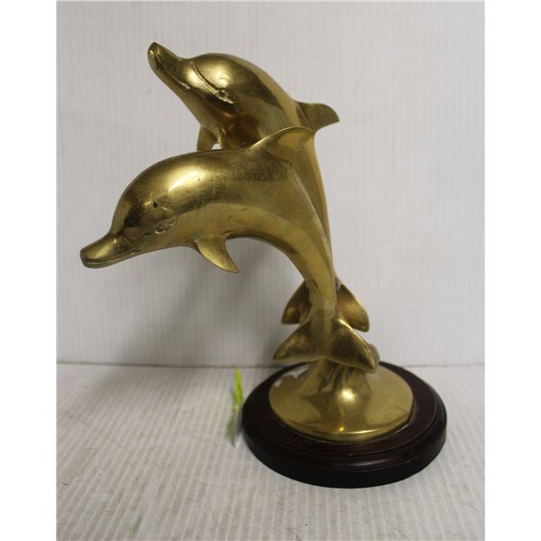 WOOD MOUNTED BRASS DOLPHINS 10 INCHES