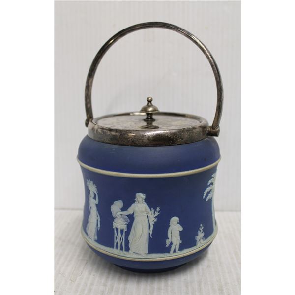 WEDGEWOOD BLUE JASPERWARE BISCUIT BARREL