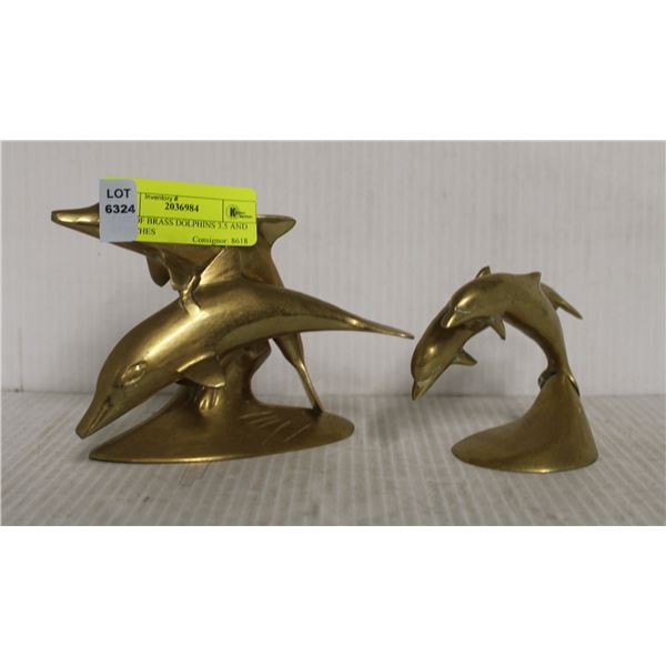 PAIR OF BRASS DOLPHINS 3.5 AND 4.5 INCHES