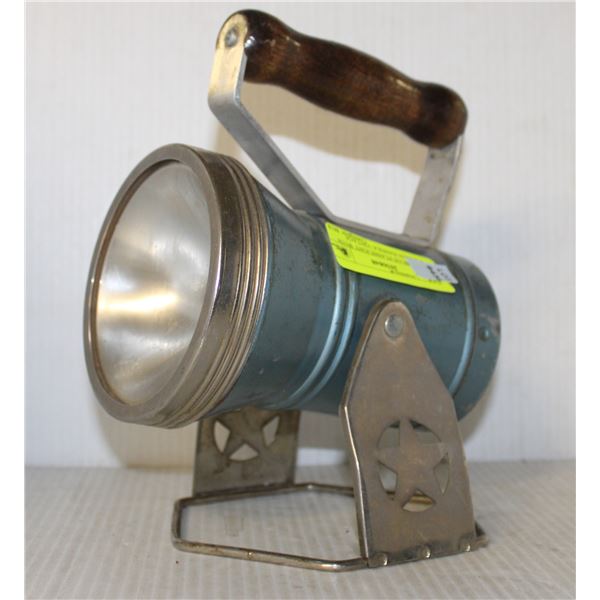 LIGHT BLUE FLASHLIGHT WITH WOODEN HANDLE VINTAGE