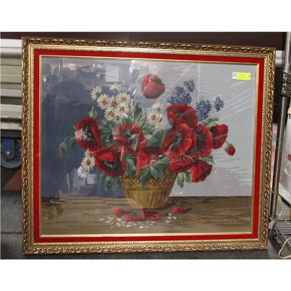 LARGE FRAMED PETIT PPOINT PIECE, FLOWERS