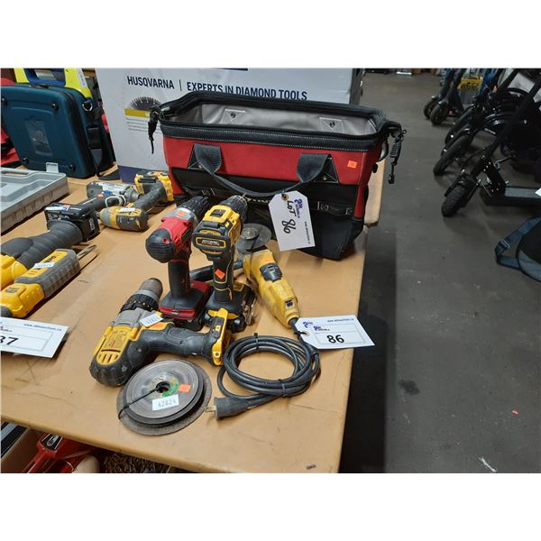 LOT OF ASSORTED POWER TOOLS INCLUDING CORDLESS HYPER TOUGH DRILL WITH BATTERY, 2 CORDLESS DEWALT