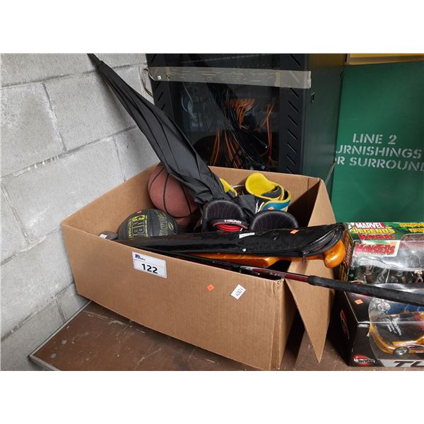 BOX OF ASSORTED BALLS, SKI BOOTS, SNOWBOARD BOOTS, BAT, GOLF CLUB, AND POOL STICK WITH CARRY CASE