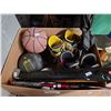 Image 2 : BOX OF ASSORTED BALLS, SKI BOOTS, SNOWBOARD BOOTS, BAT, GOLF CLUB, AND POOL STICK WITH CARRY CASE