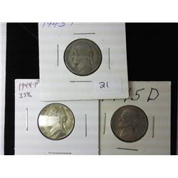 1943-P, 1944-P And 1945-D Jeffy Nickels 35% Silver