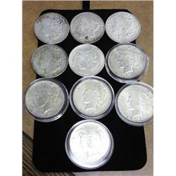 10 Assorted Silver Dollars (5 Morgan, 5 Peace)