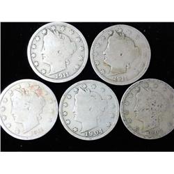 5 Assorted Liberty "V" Nickels