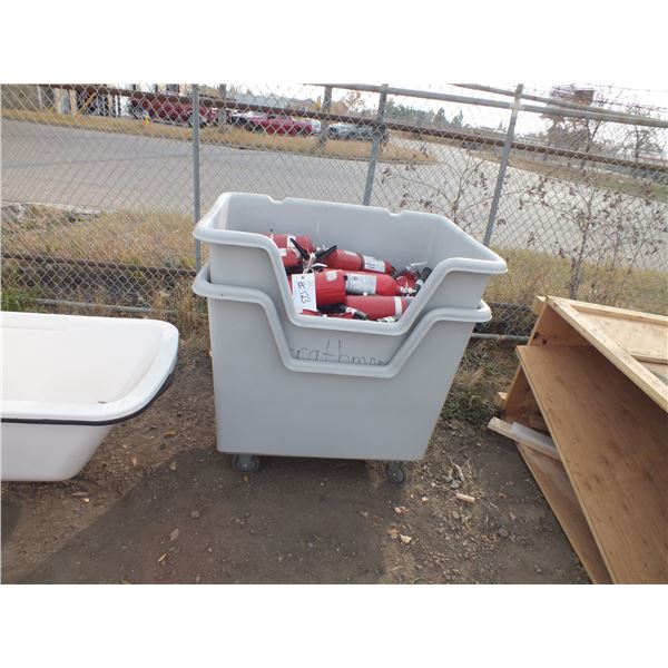 2 Plastic Bins on Wheels & Fire Extinguishers