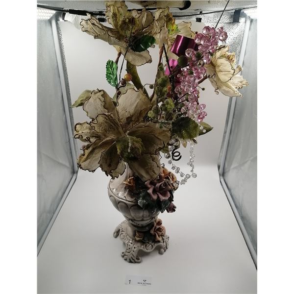 Ornate Well Kept Porcelain Flower Vase With Artificial Flowers 15" Tall