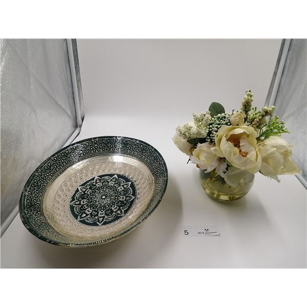 Ornate Glass Fruit Bowl 10.5" Wide x 14" Long   With Artificial Plant 9.5" Tall in Glass Sphere