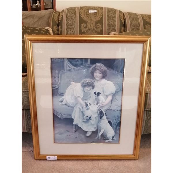 Vintage Print of Two Kid's With Puppies 27" Wide x 31" Long