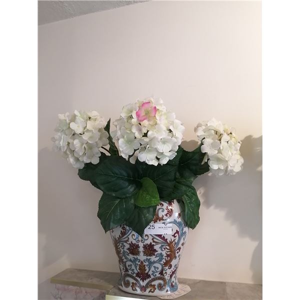 Painted Ceramic Vase 19" With Artificial Flowers