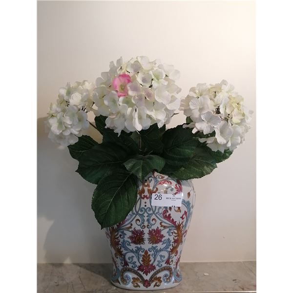 Painted Ceramic Vase 19" With Artificial Flowers