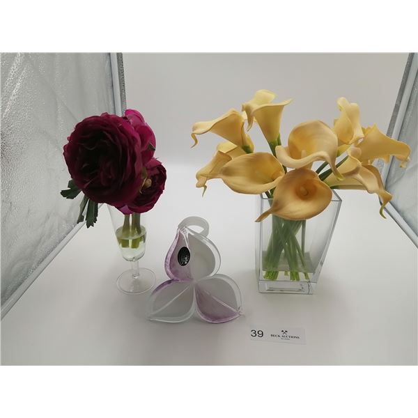 Murano Art Glass Flower and Two Artificial Flowers in Gel