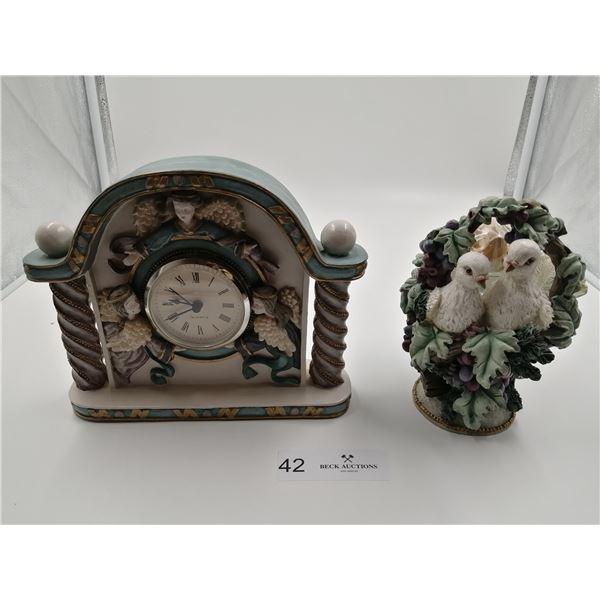 Decorative Mantle 7" Clock and Two Turtle Dove Figurine