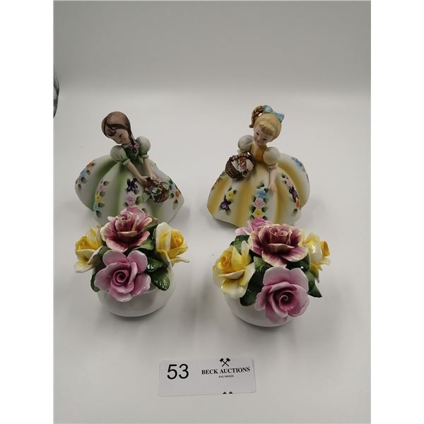 Two Ceramic Girl Figurines 5" Tall Porcelain and Two Flower Decorations Items