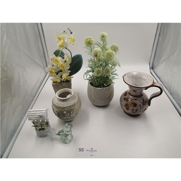 Assorted Home Decor Includes Artificial Plants Pottery and Glassware 12" Tallest