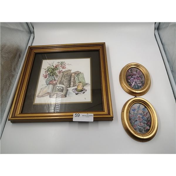 Framed Print By Initials R. F. 14" x 14" Two Small Oval Paintings One is Missing Glass Face