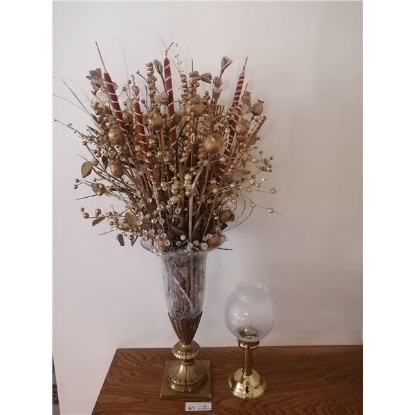 Gold Colored Artificial Flowers in Shattered Glass Vase 35" Tall  and Glass Candle Holder