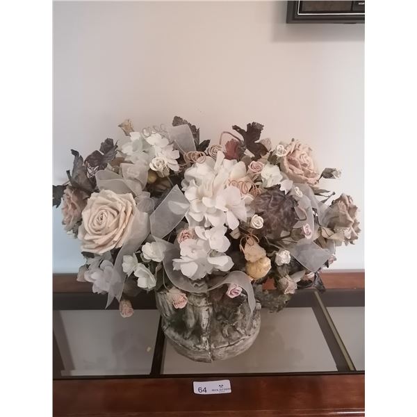 Artificial Flowers in an Ornate Stone Like Base 17" Tall