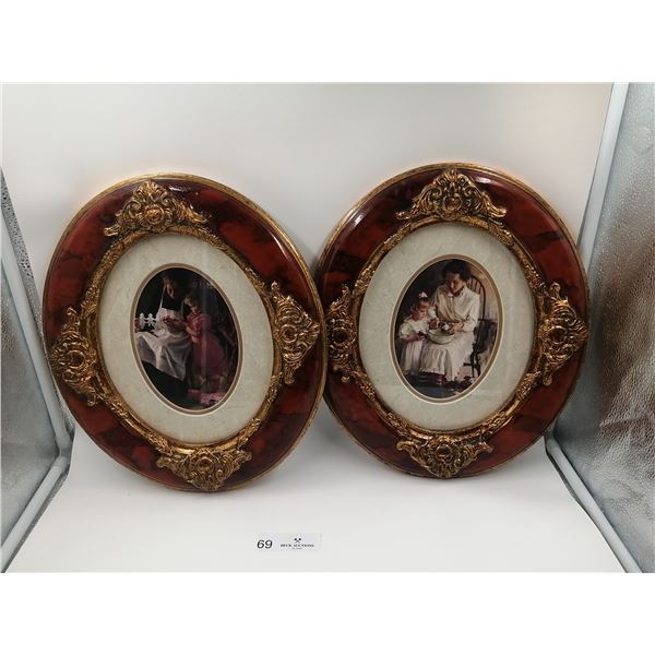 Two Antique Ornate Oval Framed Prints 14" Long x 12" Wide