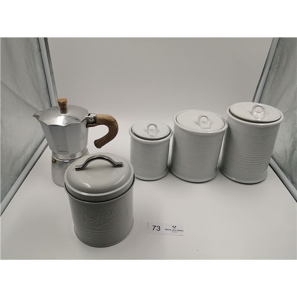 Three Porcelain Kitchen Cannisters Metal Coffee Container Gali and Zani Coffee Percolator