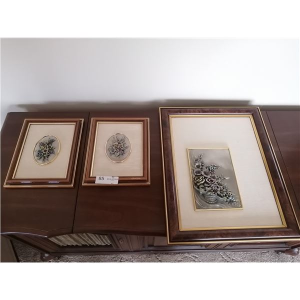 3 x Framed Floral Etain (Tin) Artworks - Artist Unknown