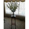 Image 1 : Wooden Plant Stand with Artificial Flowers in Crystal Vase
