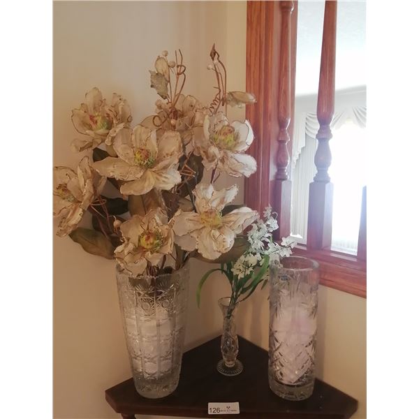 3 x Crystal Vases with 2 x Artificial Vases