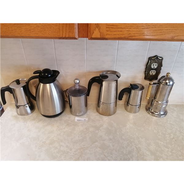 4 x Coffee Percolators, Thermos Coffee Carafe, and French Press
