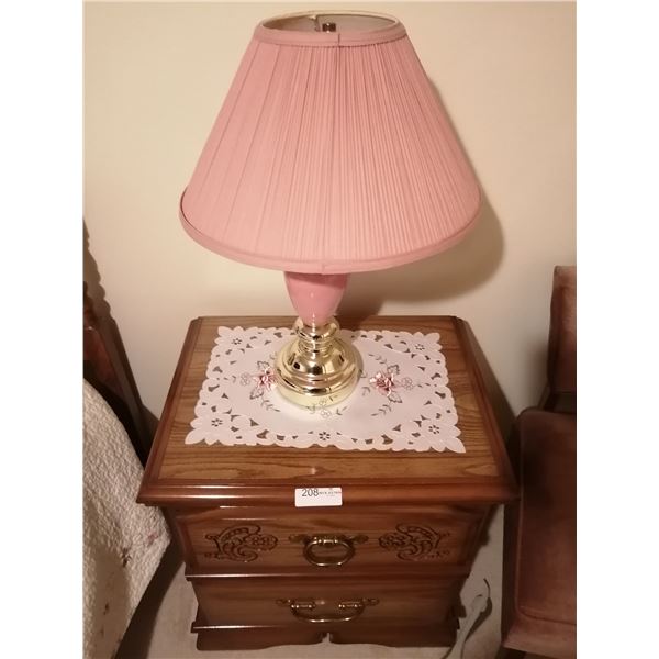 Wooden Nightstand w/ Vintage Pink Lamp