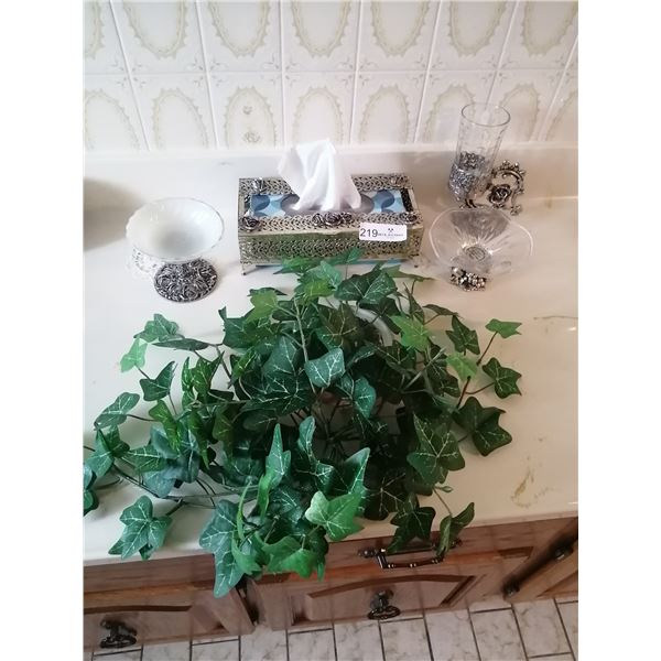 Assorted Bathroom Decor - with Artificial Plant, Metal Kleenex Box Cover, Ornate Glass Bowls, & More