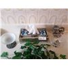 Image 2 : Assorted Bathroom Decor - with Artificial Plant, Metal Kleenex Box Cover, Ornate Glass Bowls, & More
